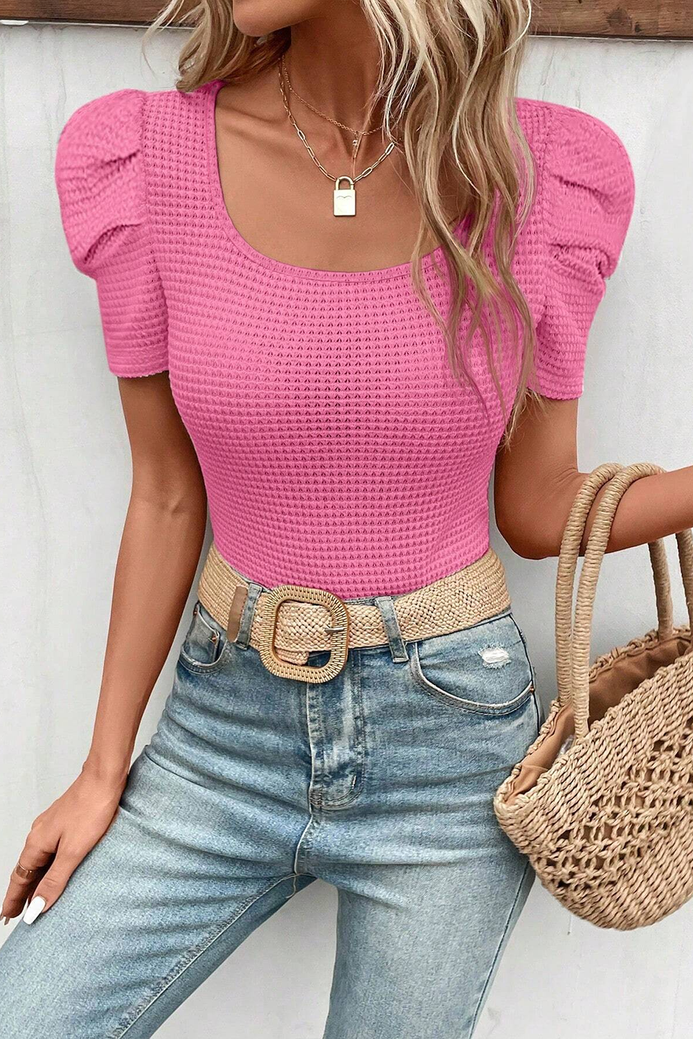 Bright Pink Waffle Knit Ruched Puff Sleeve Top – Dess to impress